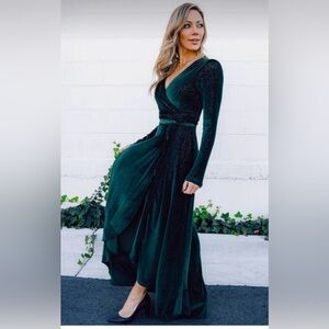 Baltic Born Serena Shimmer Velvet Wrap Dress Metallic Forest Green Size M